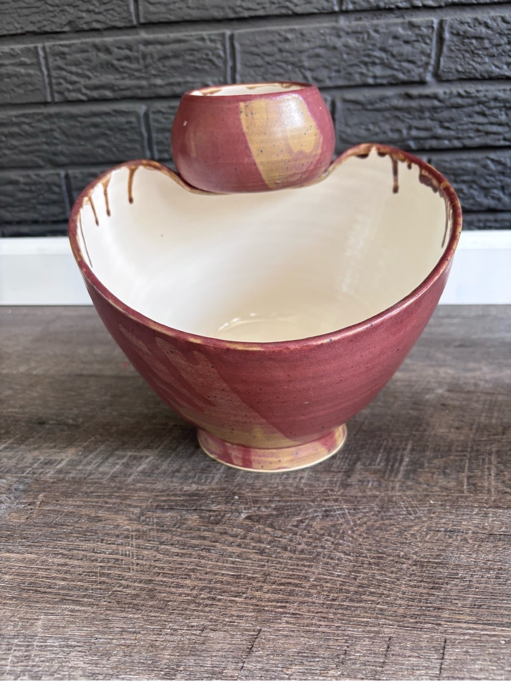 Handmade Ceramic Bowl with Attached Dip Cup — Raspberry and Cream